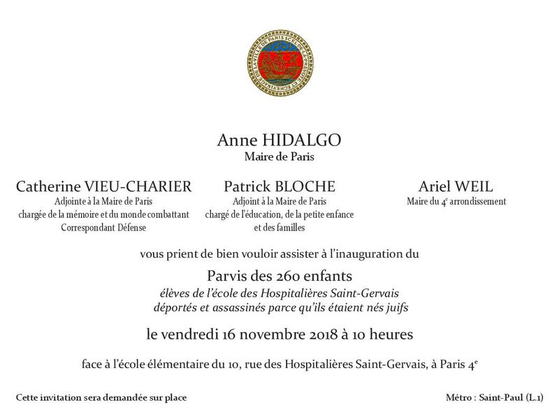 Carton d'invitation à la cérémonie d'inauguration du Parvis des 260 enfants, face à l'école de la rue des Hospitalières Saint-Gervais, 75004 Paris